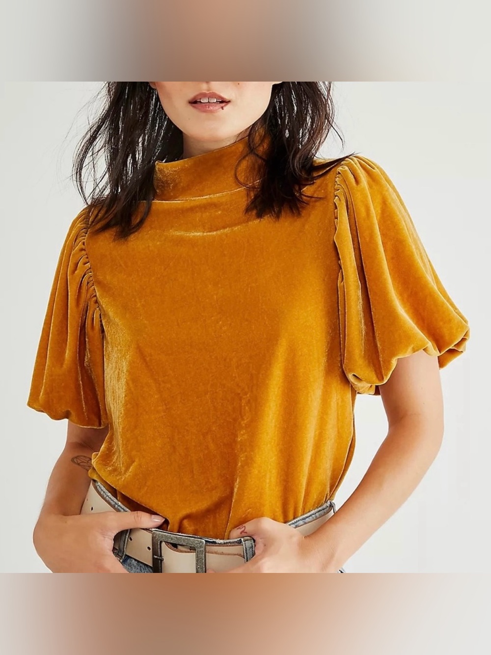 FREE PEOPLE Claudia Velvet Blouse Spicy Chestnut Shirt Top Yellow Puff Sleeve